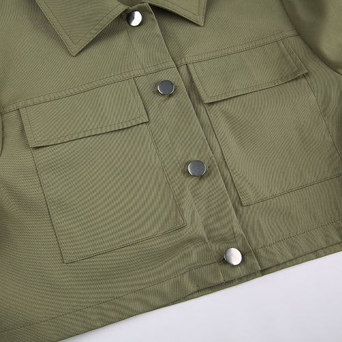 Distressed Multi-pocket Panelled Army Green Lightweight Jacket - ROUTINE FASHION